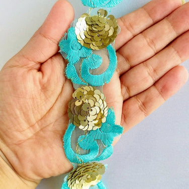 Blue Lace Trim, Tissue Fabric Cutwork With Floral Embroidery & Gold Sequins, Indian Embroidery
